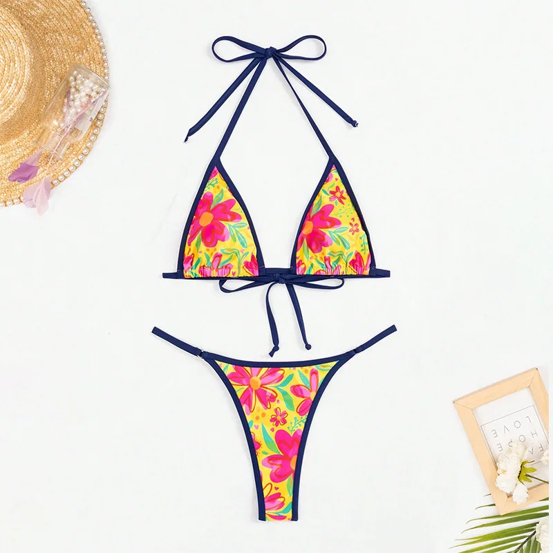 

Sexy Yellow Flower Print String Tie Halter Bikinis Sets Two Pieces Thong Swimsuit Swimwear Bathing Suit Beach Outfits Biquini