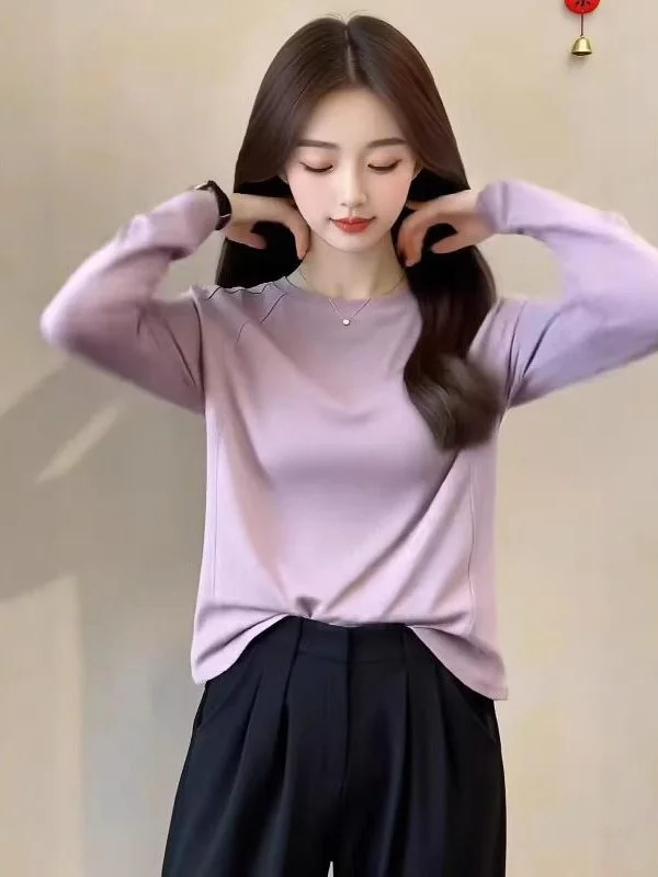 Loose Long Sleeve round Neck T-Shirt Women's Spring Autumn Lazy Style Versatile Base Layer Shirt Commute Outfit Top