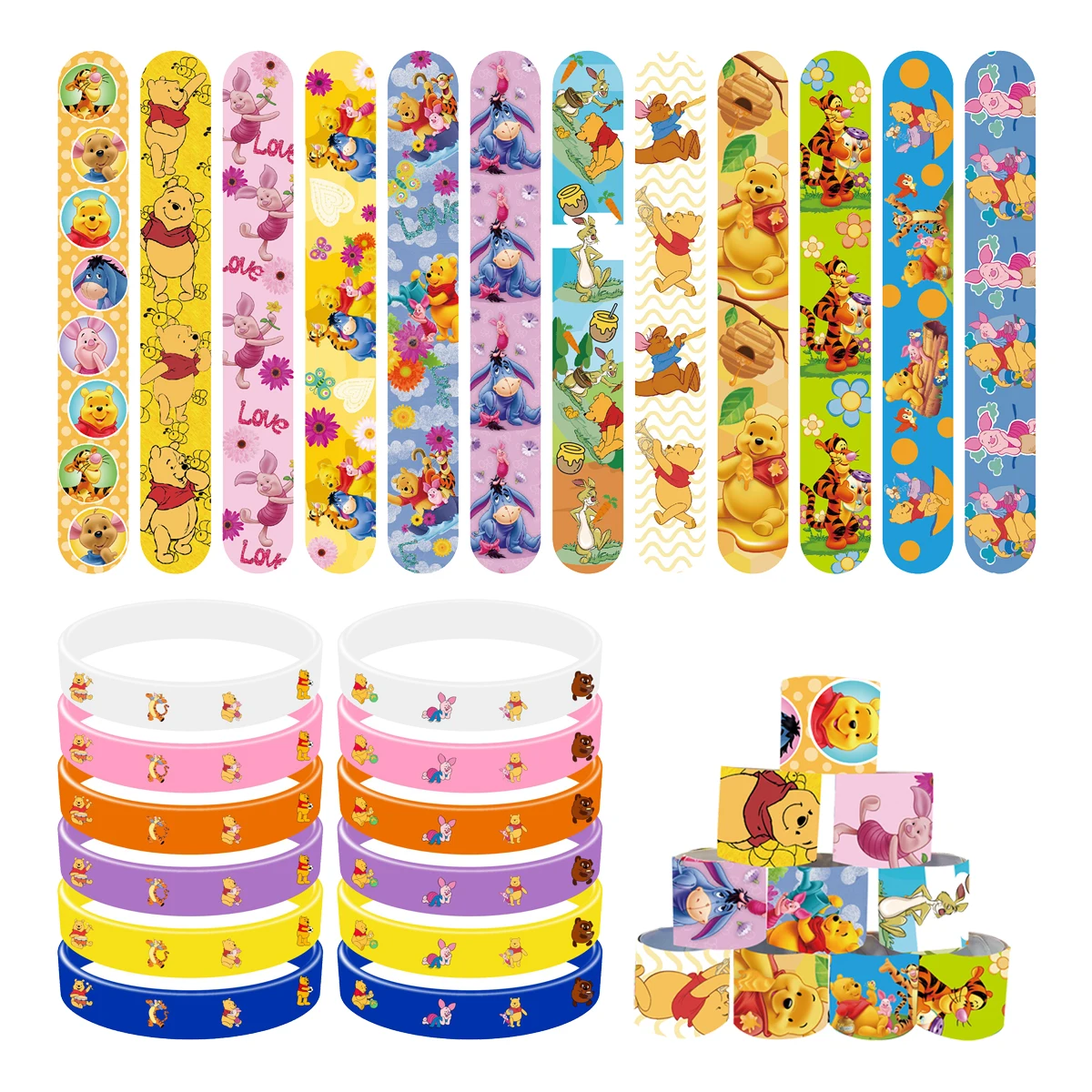 Winnie the Pooh Party Favors Slap Bracelet Silicone Wristbands Winnie Party Decorations Supplies Goodie Bag Stuffers Fillers