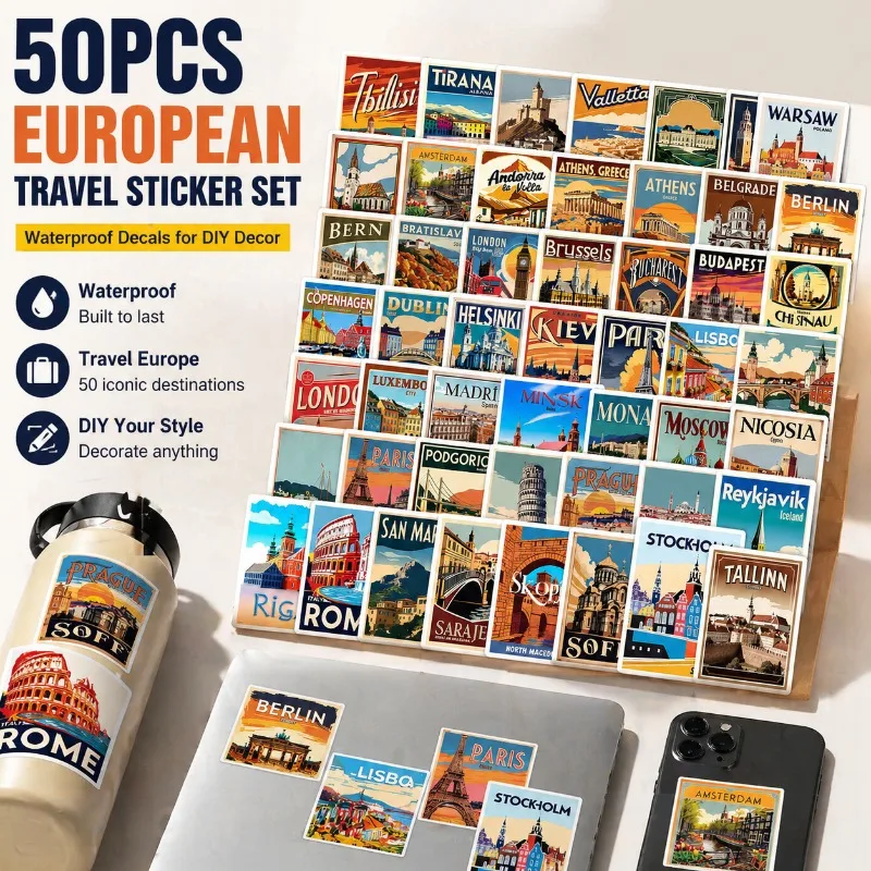 

50Pcs European Travel Series Graffiti Stickers Waterproof Decorative Decals for Water Bottle Cellphone Laptop Travel Themed