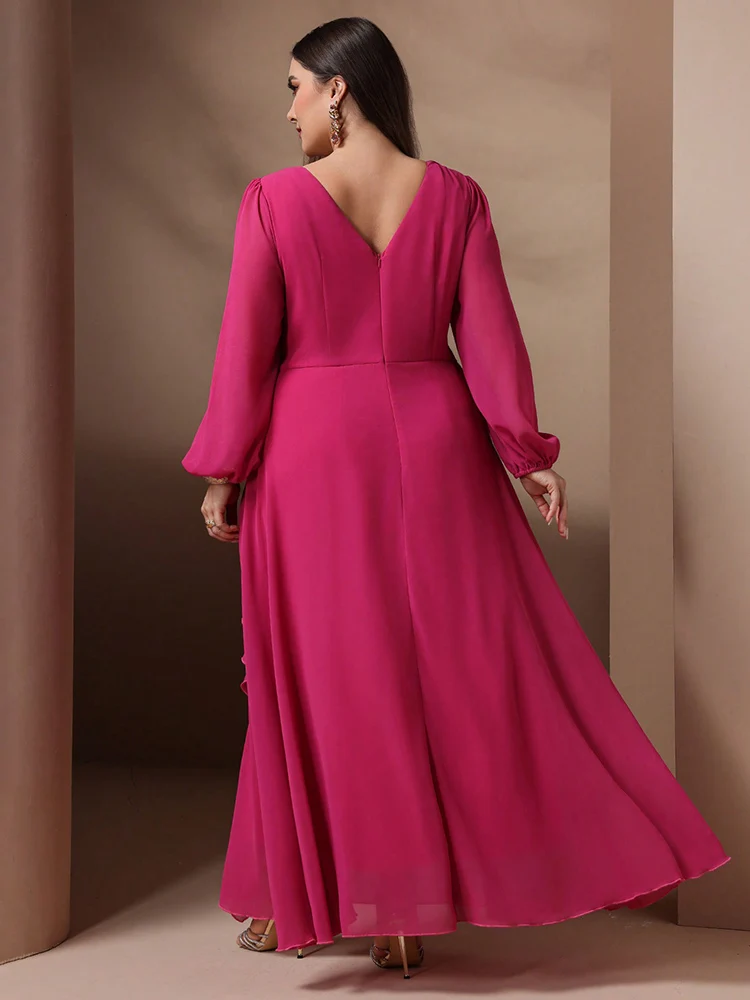 TOLEEN 2024 New in Casual Ruffle Elegant Formal Party Maxi Dresses Plus Size Women Solid Color Simple Daily Long Sleeve Dress