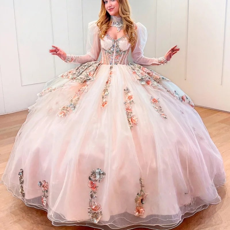 

Light Champagne Quinceanera Dress off-shoulder lace layering decal flower Long tail vestidos de 15 Quinceanera ﻿Customize