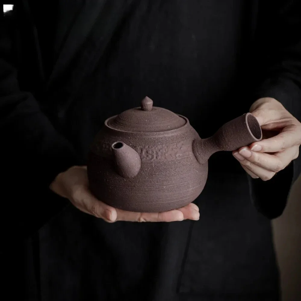 Rock Mud Handmade Tea Warmer Stove Japanese Style Side Handle Pot Warmer Vintage Tea Stove Kettle Stand Tea Ceremony Ornaments