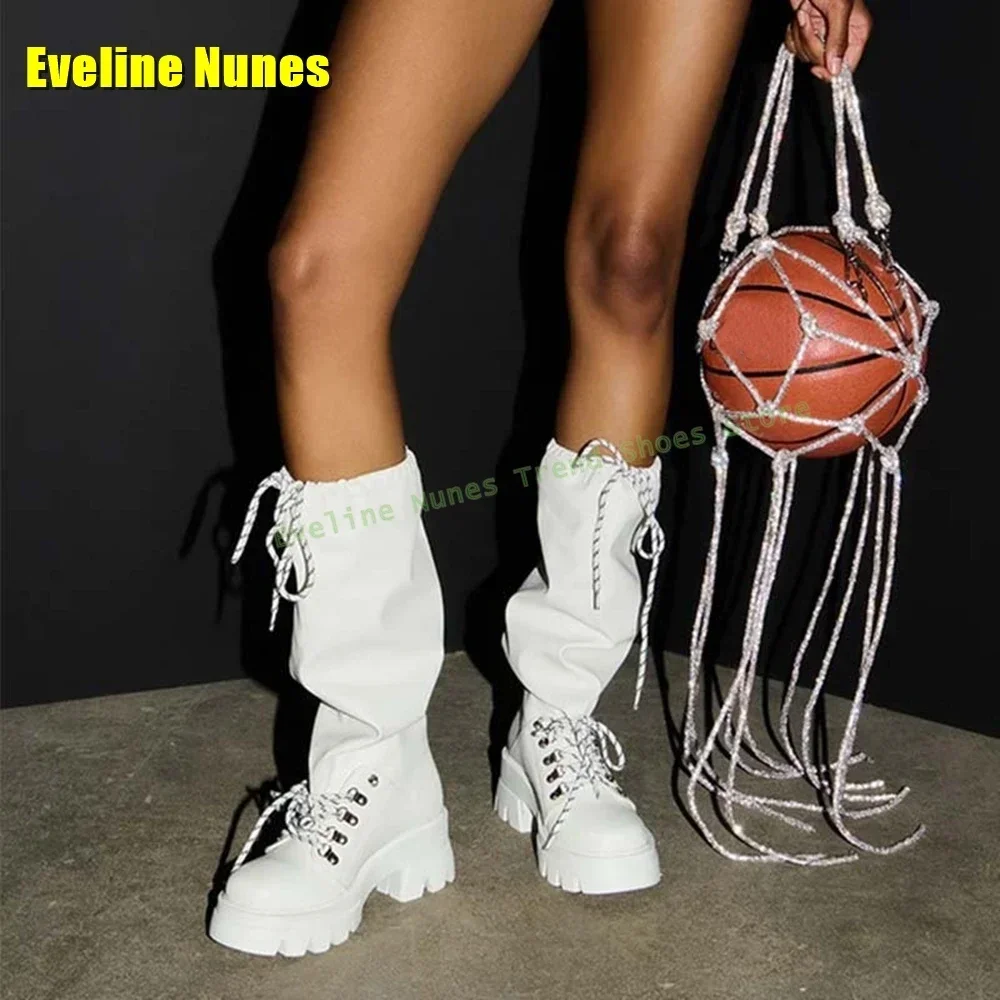

White Lace-Up Patchwork Fashion Boots Round Toe Tank Sole Elastic Band Cross Tied Women Knee High Boots 2025 Spring New Arrivals