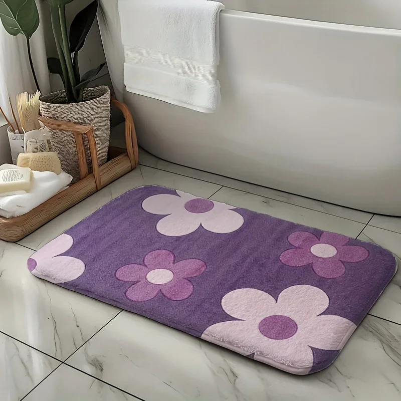 Purple Flower Print Flannel Rug Non-Slip Absorbent Soft Bath Mat for Bathroom Entryway Kids Room Home Decoration 50x80cm