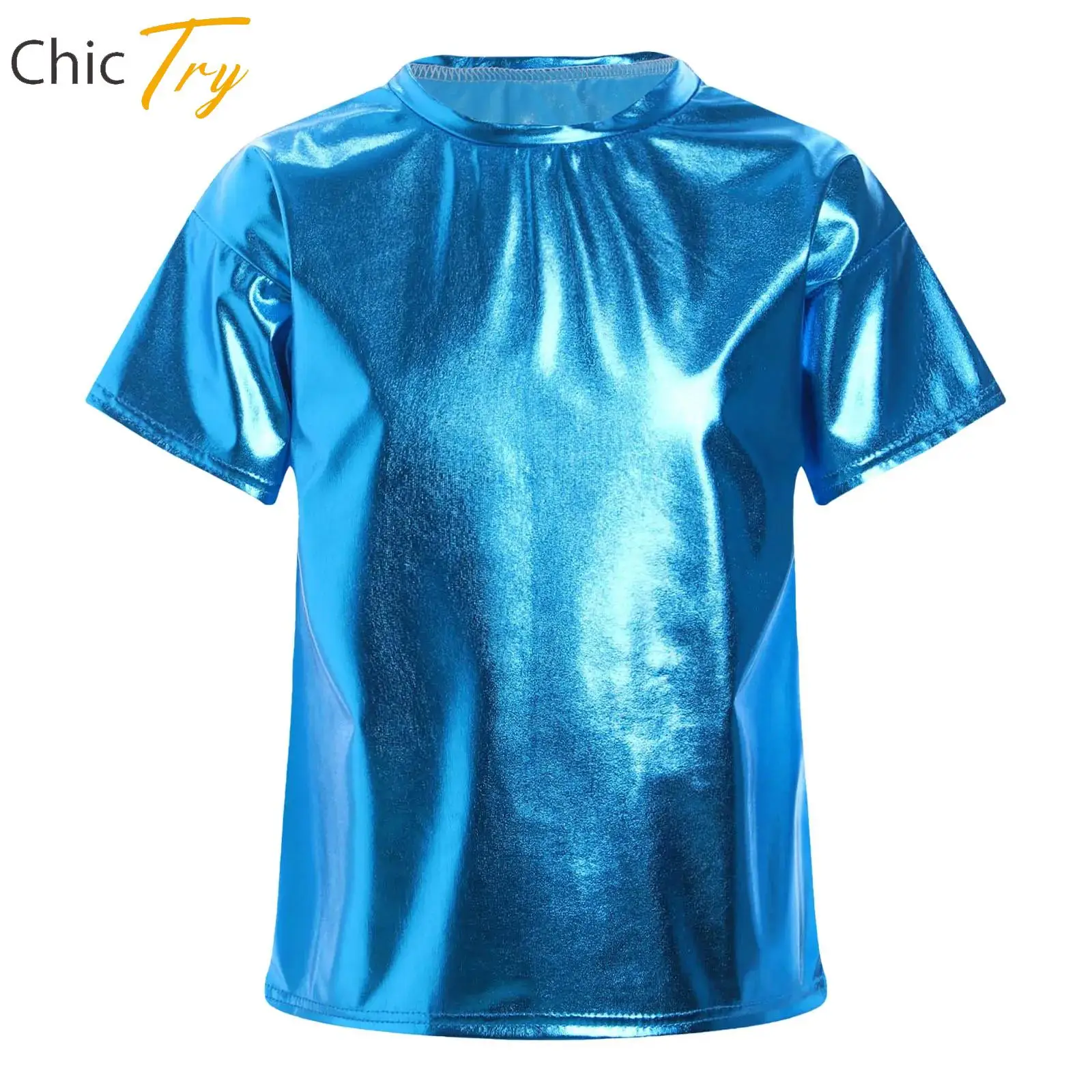 

Girls Boys Jazz Hip Hop Dance Party Performance Tops Metallic Shiny Short Sleeve Street Contemporary Dancing T-shirt Costumes