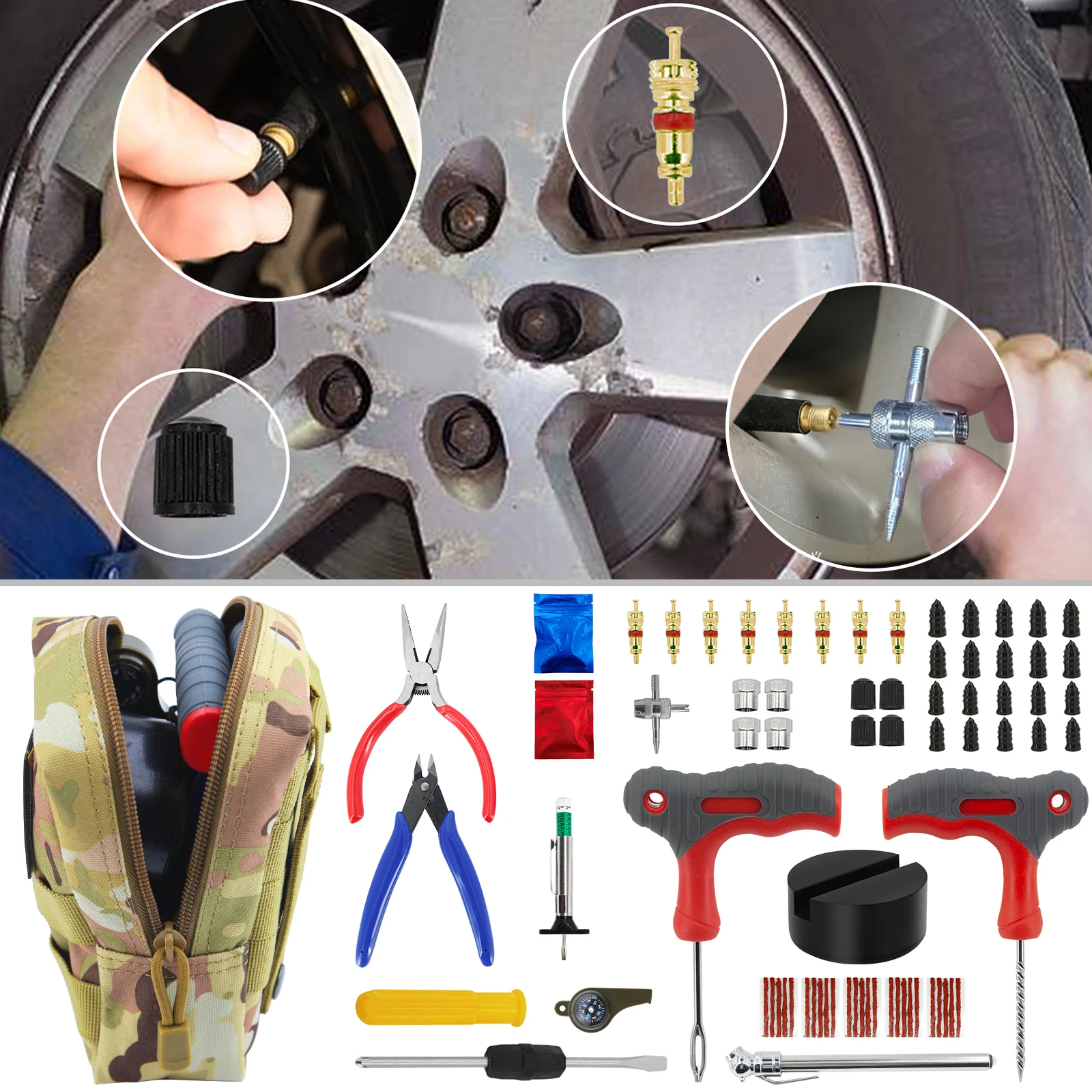 

72pcs Universal Jack Pad Car Tire Repair Tool with Tactical bag EDC Pouch Flat Tire Puncture Kit for Auto Cars Motorcycle Trucks