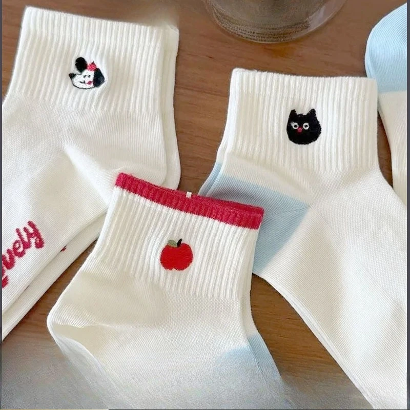 

5 PairsWomen Cotton Socks Mid Calf Cat Dog Cartoon Summer Casual Socks