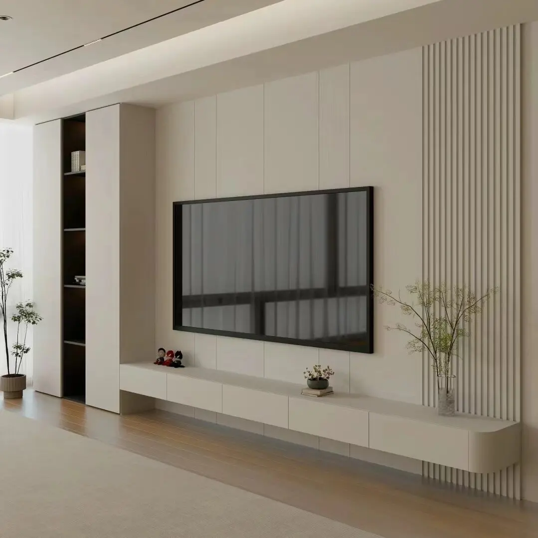Modern Minimalist Style Living Room TV Wall Cabinet Panel Wood Design with Decorative Storage Features