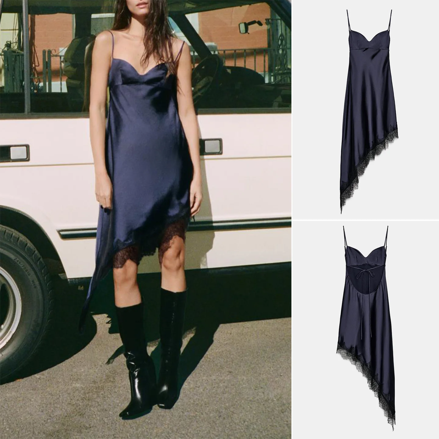 秋冬新作 レディース ハートカラー バルデザイン シルクサテンレース アシンメトリー ドレインスレ Aラインスカート