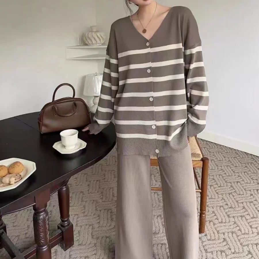 Korean Style Elegant 2-Piece Sets For Women Stripe Sweater Long Sleeve Top Matching Pant Sets New In Knitwear Casual Chic Outfit