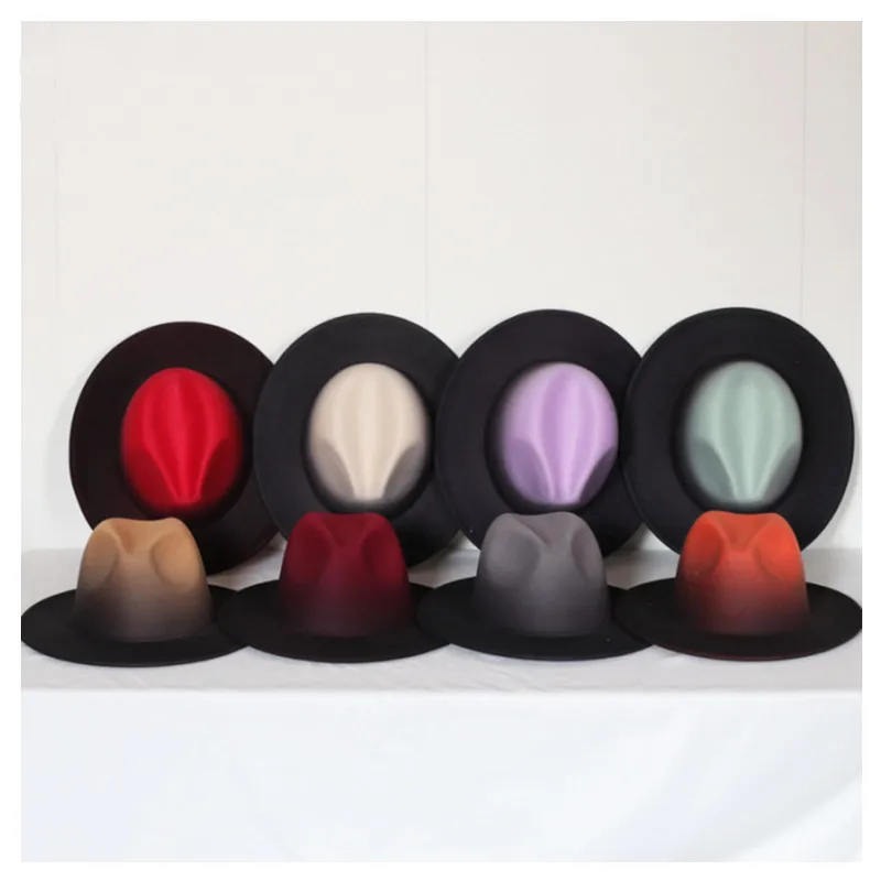 Fedora hat gradient color European and American gold chain top hat woolen top hat men and women trend felt hat jazz hat 2021