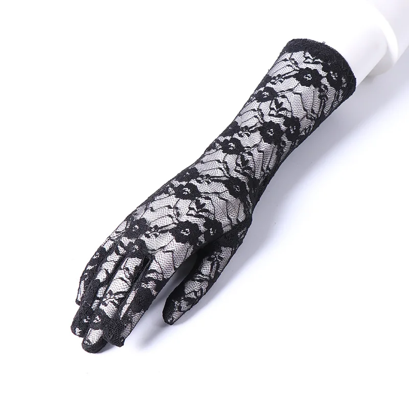 Gloves Women Mid Length Lace Mesh Hollow Breathable Thin Full Finger Flower Stretch Black Dance Ceremony Accessory Lightweight