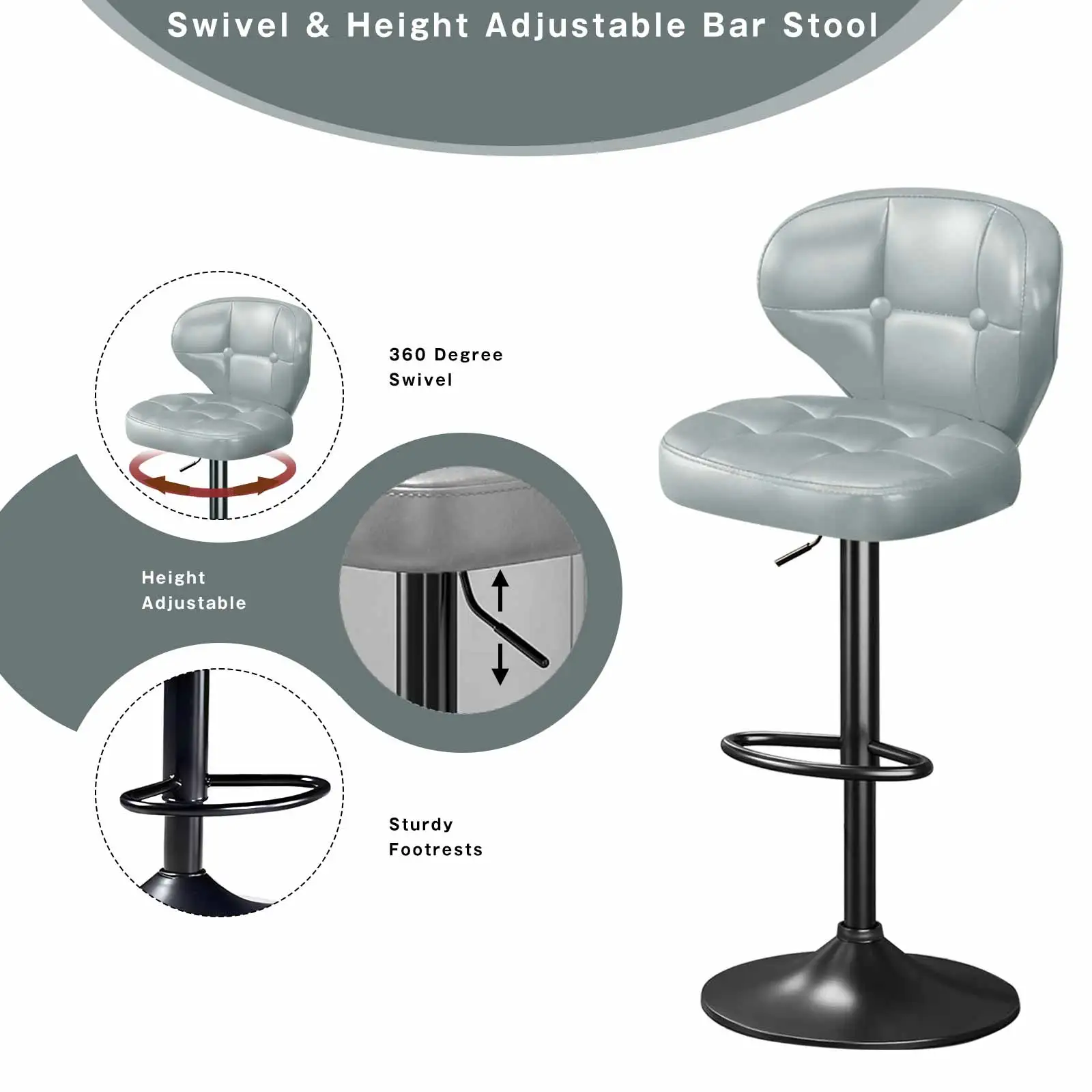 مجموعة مقاعد البار مكونة من 4 قطع، كراسي دوارة بارتفاع قابل للتعديل مع مسند ظهر، مقاعد جزيرة المطبخ من جلد البولي يوريثان لبار المنزل