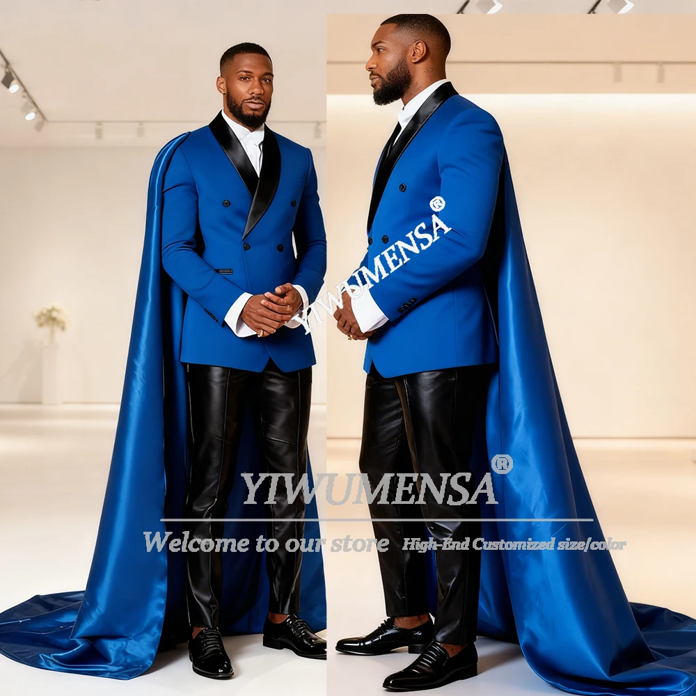 

Elegant Satin Men's Suit 2 Piece Set Double Breasted Jacket With Cape Long Customized Groom Weddding Tuxedos Trajes Para Hombre