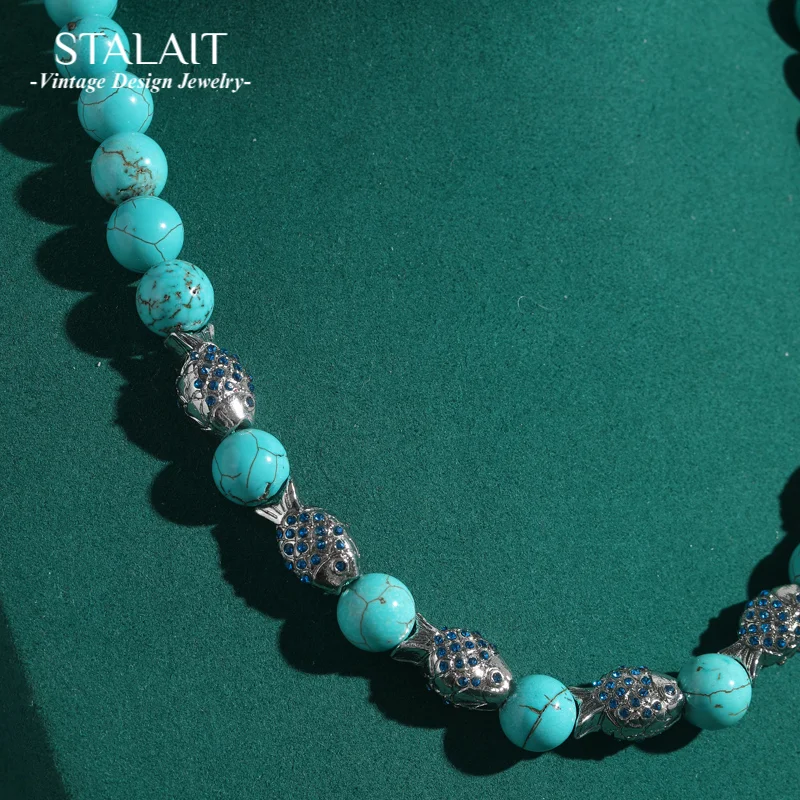 

Vintage Fish Blue Natural Stone Beaded Turquoise Necklace Chain Retro Rhinestones Antique Jewelry Women Party Accessories