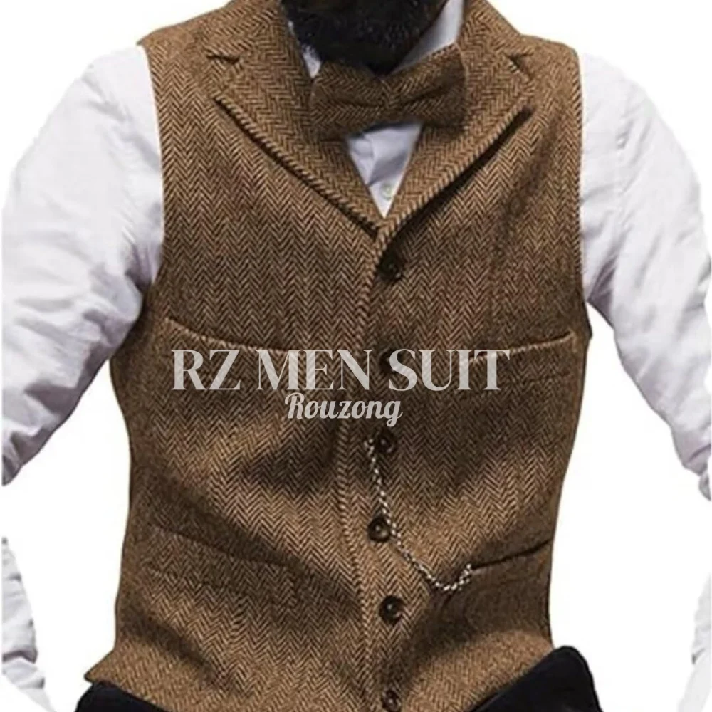 

Mens Tweed Suit Vest Slim Fit Notch Lapel Wool Vests Herringbone Groomsmen Wedding Dress Waistcoat chaleco para hombre