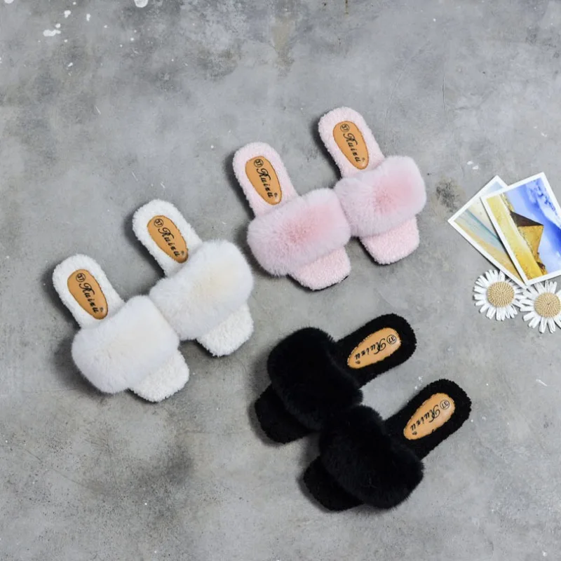 2023 Autumn and Winter Women's Plush Slippers Korean Women's Indoor Cool and Slippers Warm at Home Plush Flat Heels slides