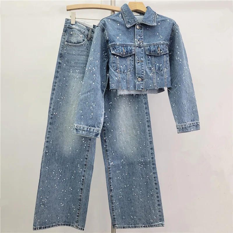 American Fashion New Elegant Rhinestone Single-breasted Denim Short Coat for Women High Waist Straight Wide-leg Jean Female 2026