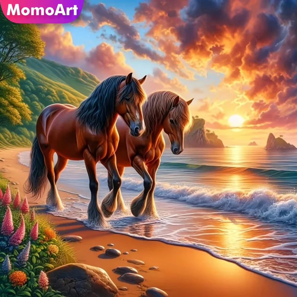 Momoart Vollquadratisches und Rundes Diamant-Mosaik Pferde-Bastelset Diamantmalerei Tierbild Strass DIY Sonnenuntergang Handgemachtes Hobby