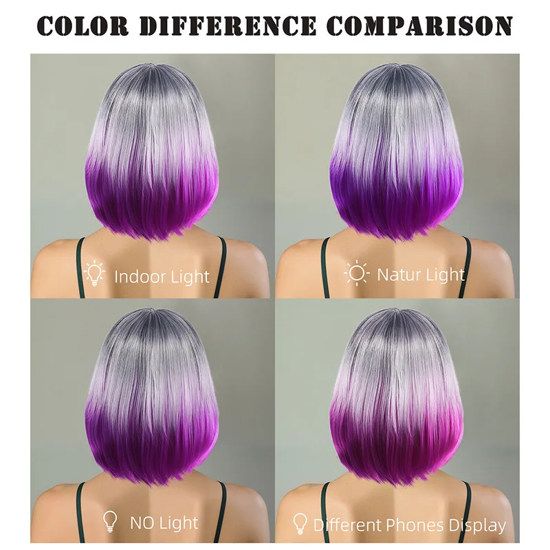 Cross border short straight hair color gradient bangs bob wig set from Europe and America