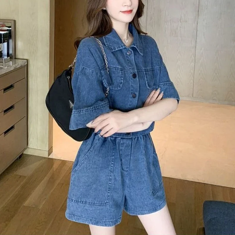 

Korean Style Summer Short Sets for Women 2 Pieces Denim Blue With Jacket Outfit Novelties Light Kit Trends Stylish Woman Shorts