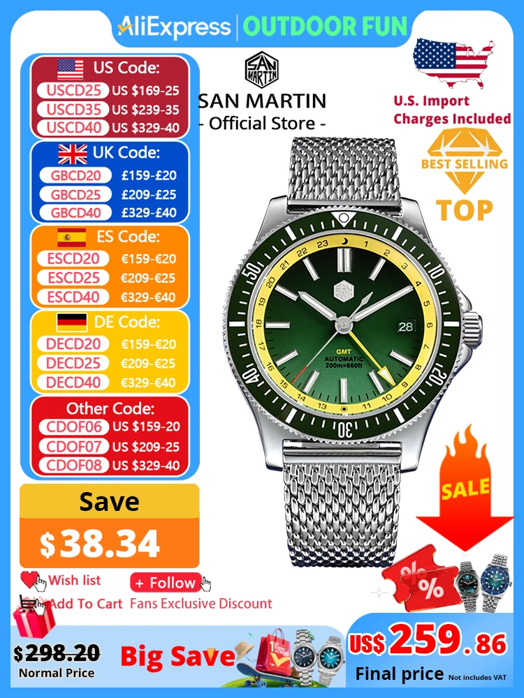 

San Martin Original Design 41mm GMT Dive Watch NH34 Automatic Mechanical Quick Release Bracelet Waterproof 200m Luminous SN0119