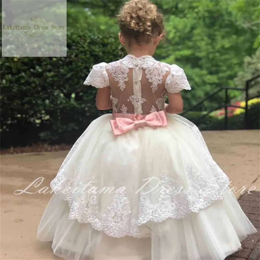 Elegant Puffy Flower Girl Dress For Wedding Lace Belt Bow High Neck Tulle Holy First Communion Dress Kids Birthday Ball Gown