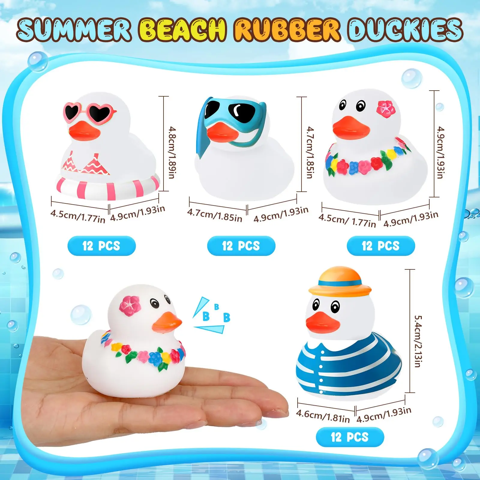 Summer Beach Rubber Duck Mini Rubber Duck Bath Toy Float Bathtub Squeaky Duck for Pool Water Activity Baby Shower Birthday Party