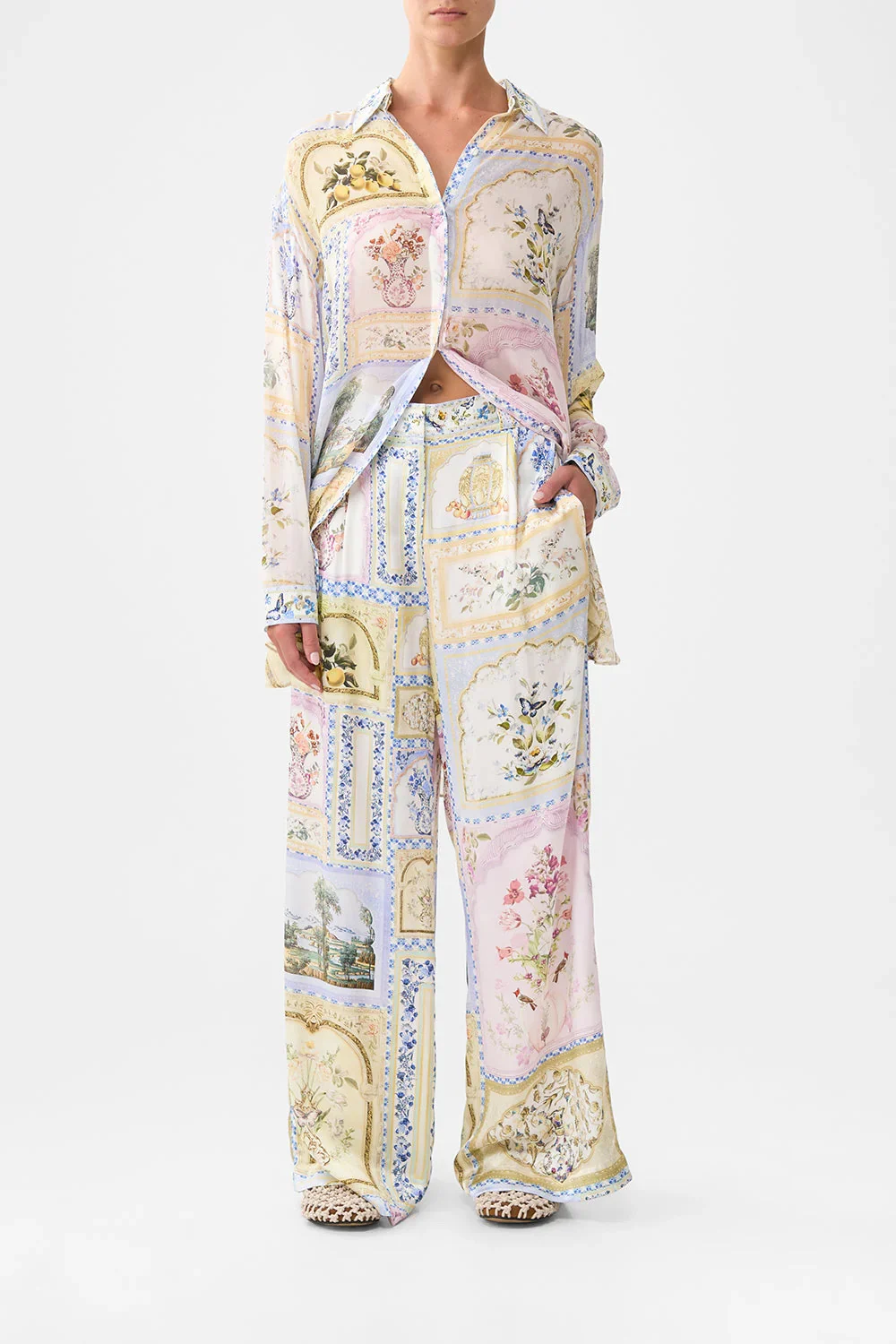 

Butterfly Flower Print Women Silk Suit Crystal Beaded Turn-down Collar Long Sleeve Shirt + High Waist Wide Leg Pants Set