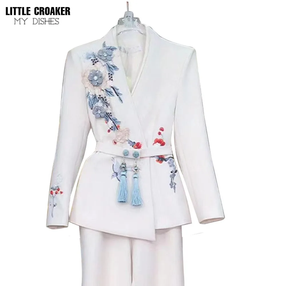 Chinese Style White Blazer for Women Design Solid Medium Long Coat Office Female Overcoat Spring Autumn Blazers Ladies