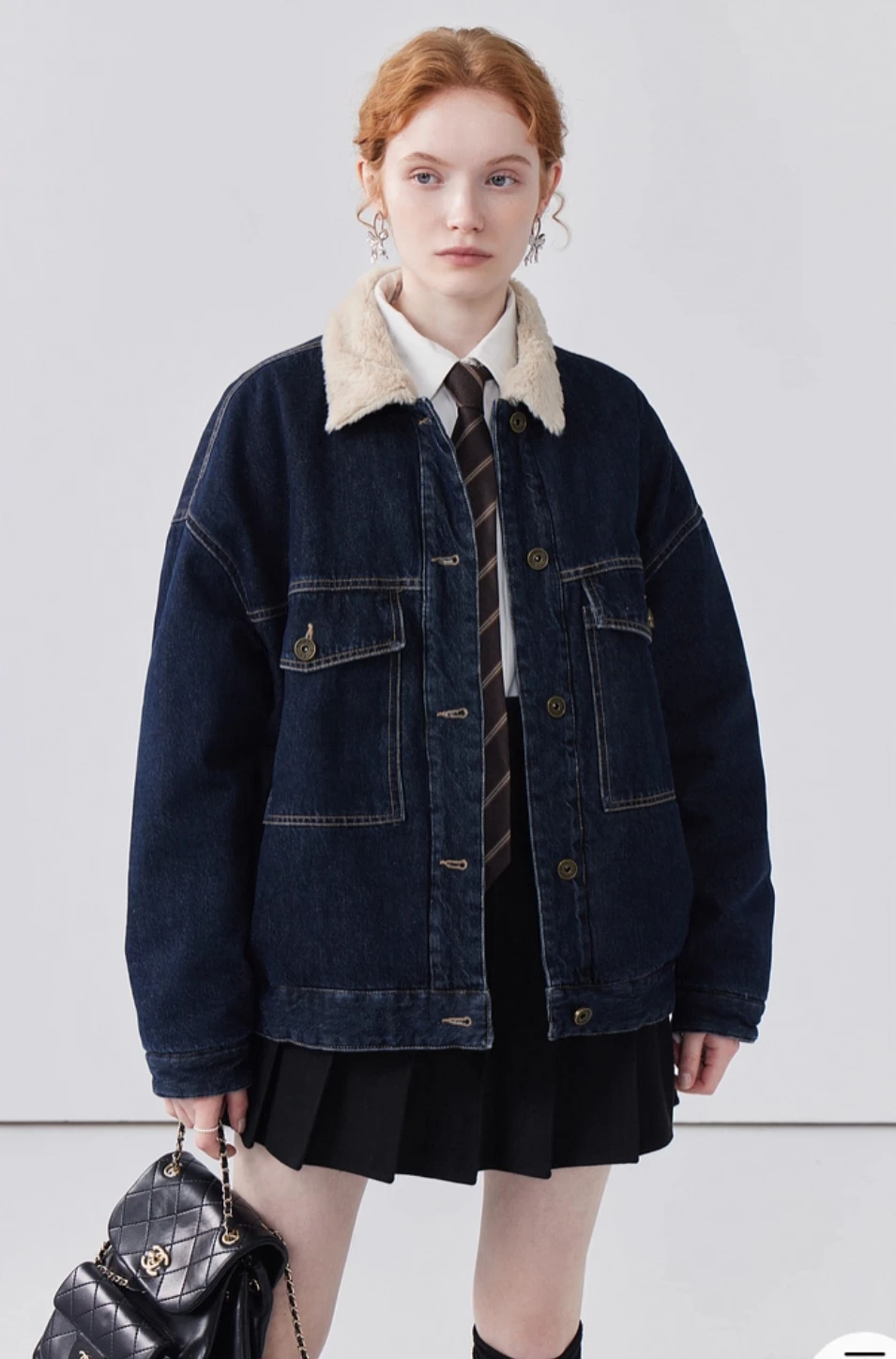 

Denim Coats With Rhinestone Woman Fur Plush Womens Autumn Softshell Fluffy Slim-Fit Streetwears Biker Standneck Outcoats Jackets