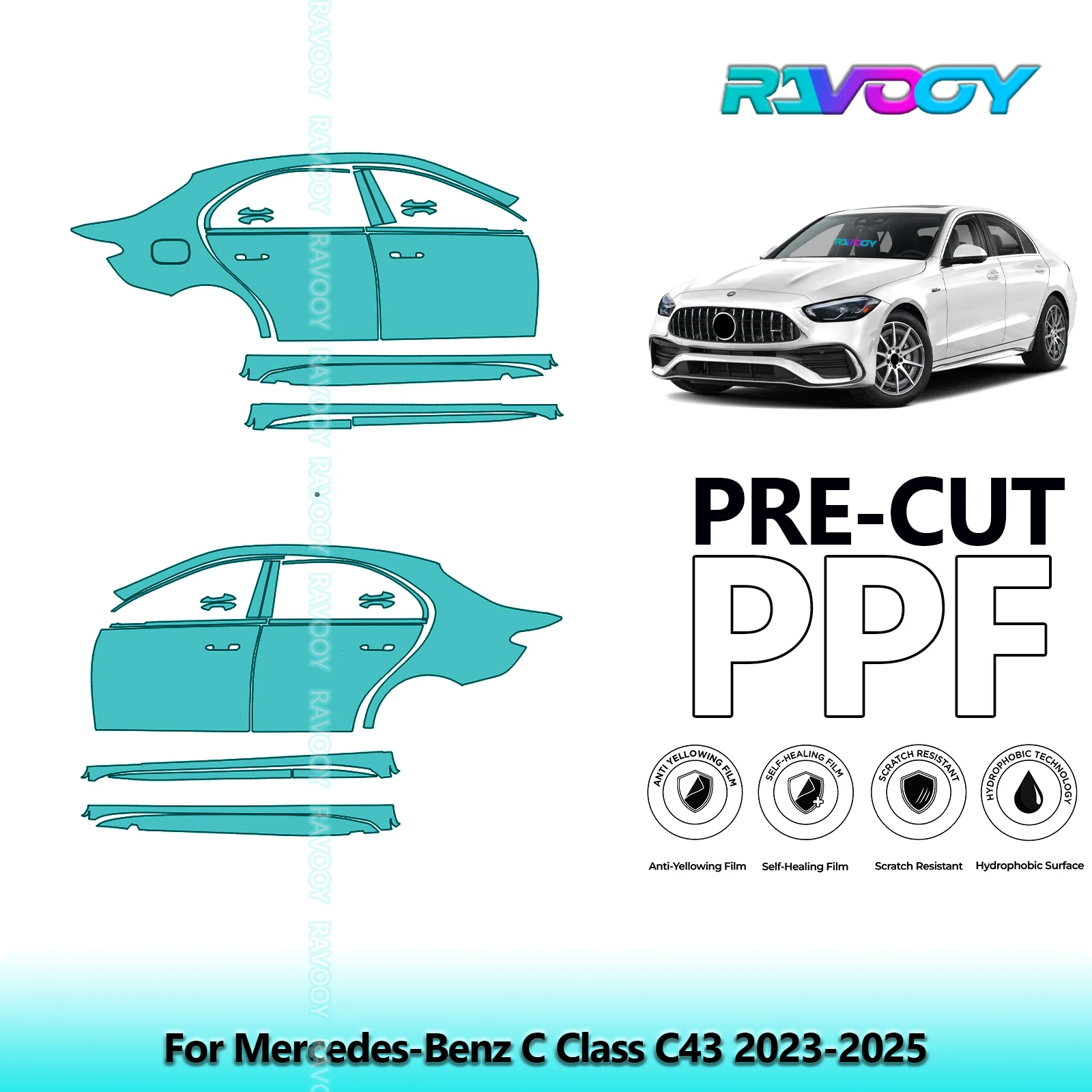 لمرسيدس بنز C الفئة C43 2023-2025 8.5mil واضح ماتي قبل قطع باب PPF ومجموعة عمود A/B مجموعة طبقة حماية الطلاء من البولي يوريثان #1