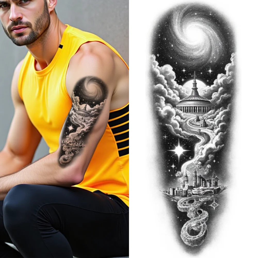 3pcs Temporary Tattoo Musical Instruments Waterproof Long-lasting Body Stickers Gothic Cathedral Castle And Bird For Adults