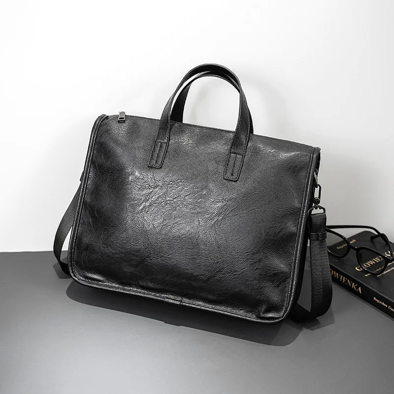 حقيبة ملفات محمولة بسحاب بإبزيم كبير مربع للرجال، تخزين الكمبيوتر، متعددة الجيوب، حقيبة عمل بكتف واحد