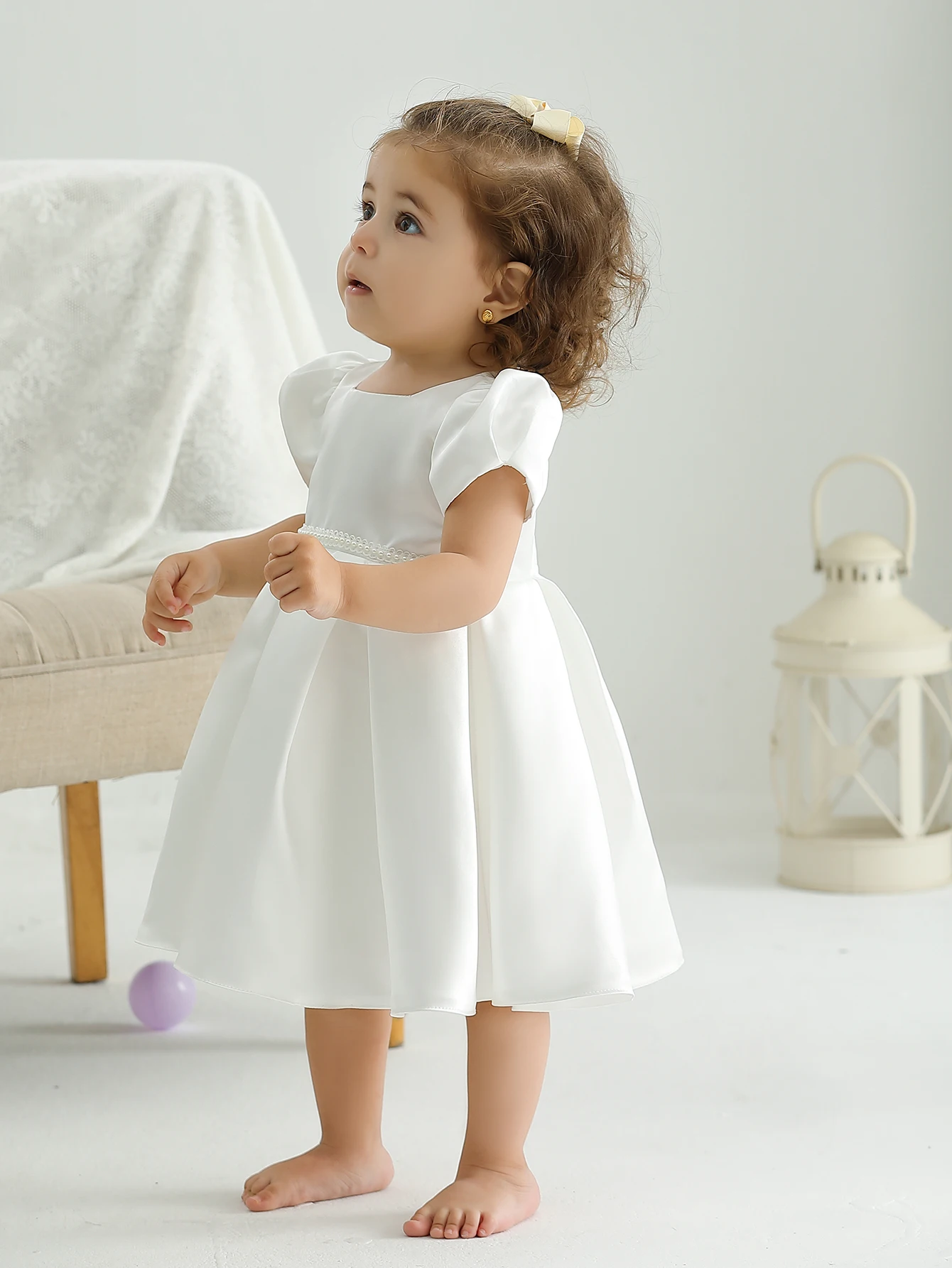 Soft Satin Hand Made Pearl Decoration Ruffle Elegant Party Wedding Baptism Baby Dress