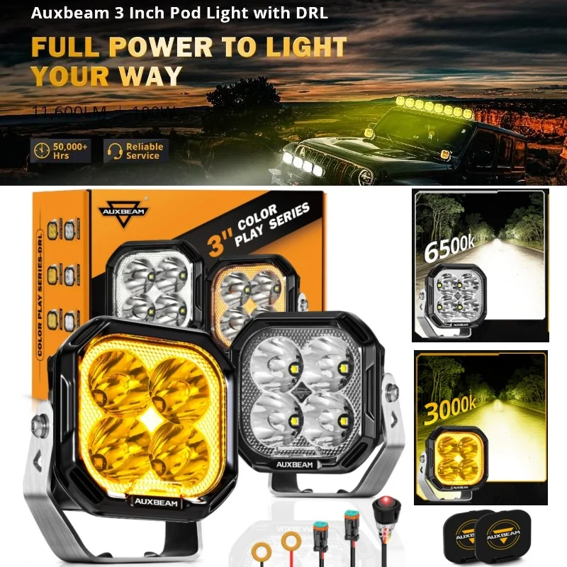 

1Pair 3 Inch LED Pod Lights with White DRL&Amber Turn Signal Lamp Driving Light for UTV ATV SUV Truck Off Road