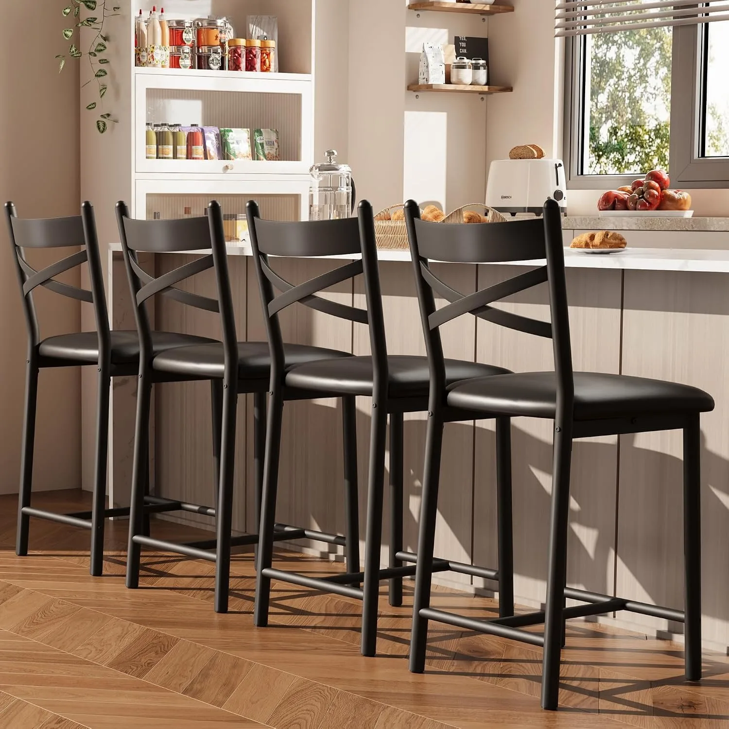 4Pcs 26 Inch Counter Height Bar Stools with Back Thick Cushioned Faux Leather Seat Reinforced Metal Frame Footrest Modern Bar Chairs for Kitchen Island Dining Room Cafe Black