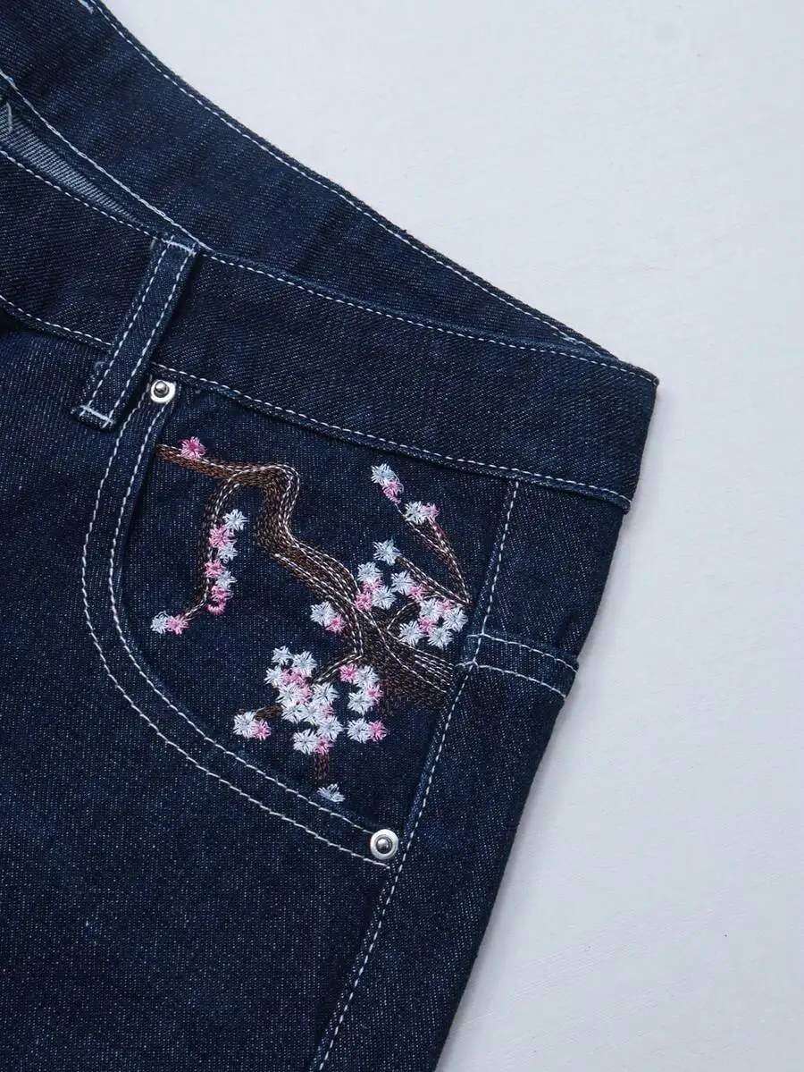 

Cherry Blossom Embroidery Faux Pocket Relaxed Fit Mens Denim Jeans