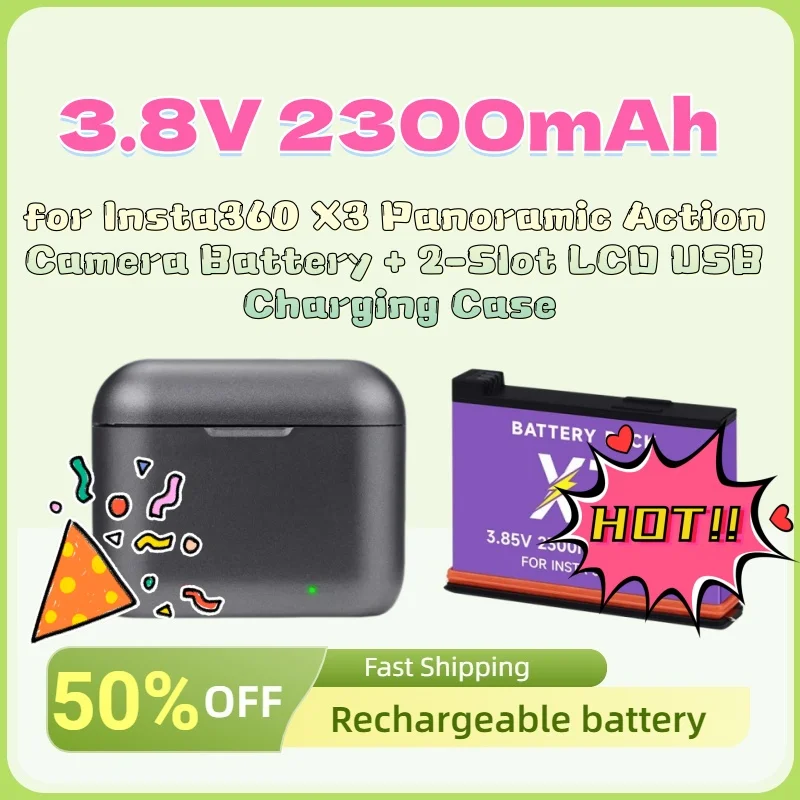 

3.8V 2300mAh Upgrade New Rechargeable Batteries for Insta360 X3 Panoramic Action Camera Battery + 2-Slot LCD USB Charging Case
