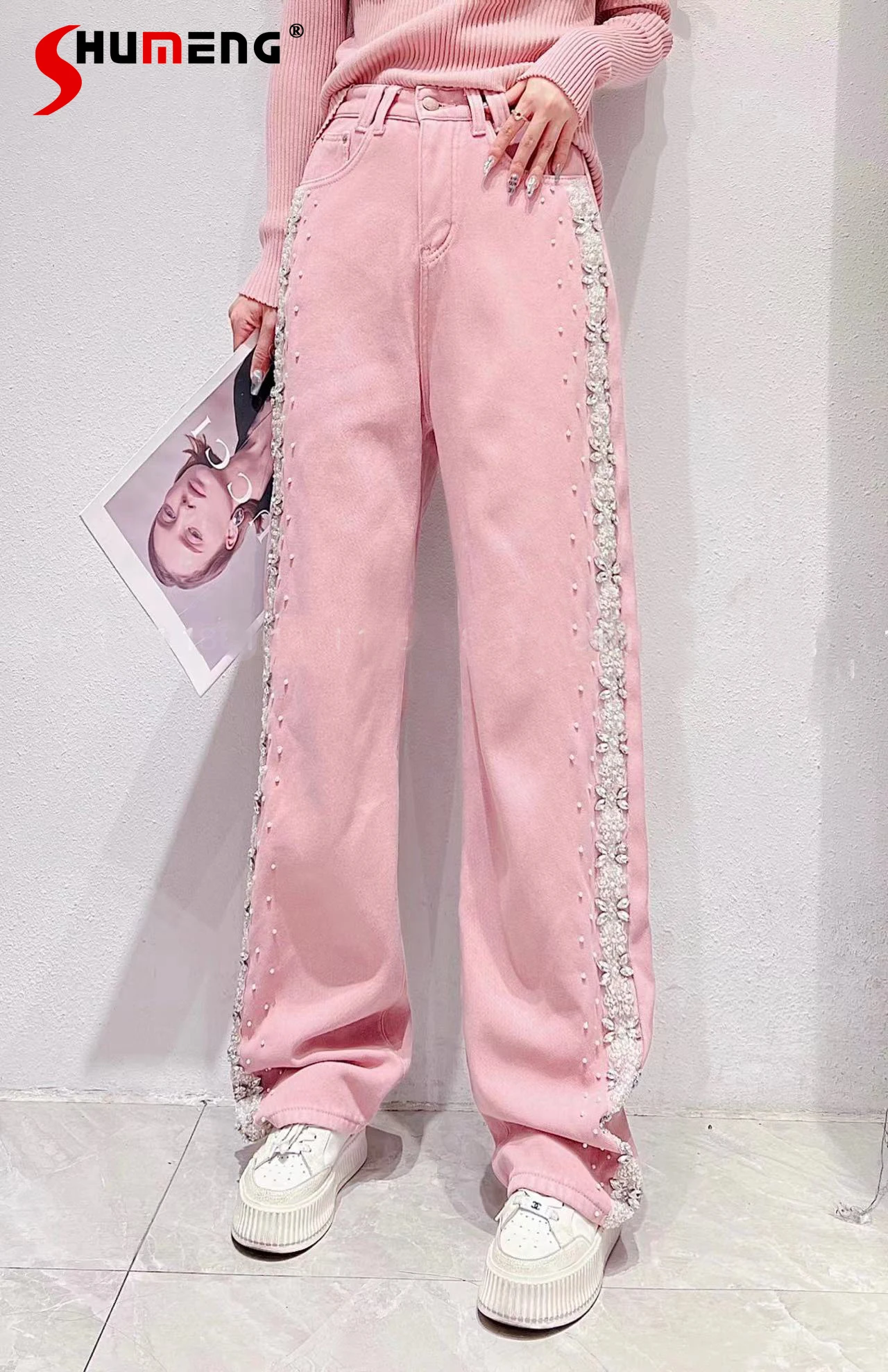 

Beads Rhinestone High Waist Wide Leg Jeans 2023 Women Winter Feminine New Loose Slimming Velvet Fashion Straight-Leg Trousers