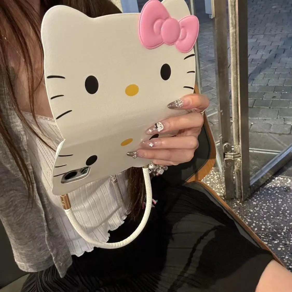 Sanrio Hello Kitty Cute Solid Color Kt Cat Countenance Bow Phone Case For Phone 15 14 13 Pro Max Y2k Girl Strap Back Cover Gifts