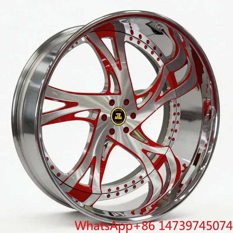 Custom Aftermarket RimsJiangzao Custom 2 Piece 3 Piece Forged Wheel Red Brush Chrome Finish Deep Dish Wheels 18 19 20 21 22 23