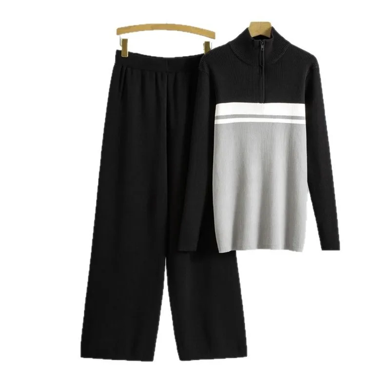 Abito musulmano in maglia da donna Set da due pezzi Pullover con cerniera collo alto Maglione lavorato a maglia Pantaloni a gamba larga Abiti Maglieria 2025 autunno