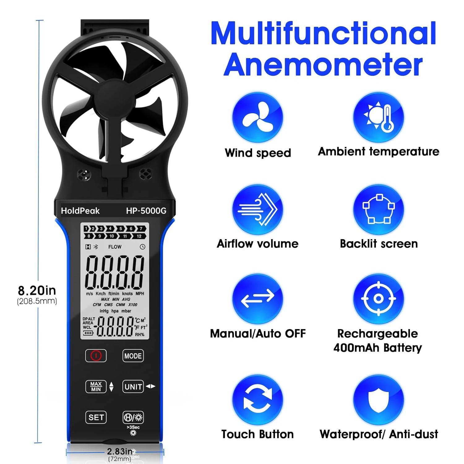 HoldPeak HP-5000D Handheld Anemometer, Anti-dust CFM Meter Wind Speed Meter with Touch Button, Rechargeable Wind Gauge for Air