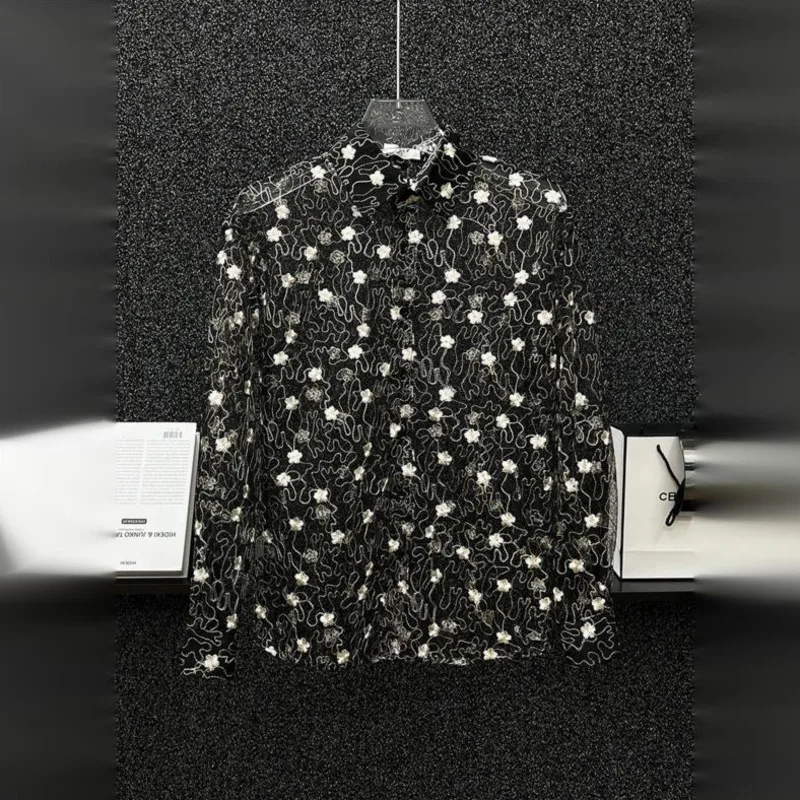 WVGA Summer New Man Stylish Transparent Mesh Long Sleeve Shirt Hollow Out Niche Chic Floral Embroidery Dark Style Top Ins W22908