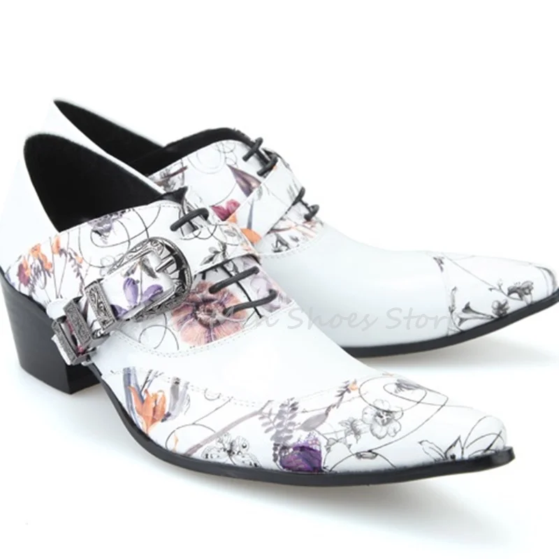 Vintage White Pointed Toe Floral Print Brogues Lace Up Handmade Dress Shoes Men's Buckle Strap Casual Business Oxford Shoes
