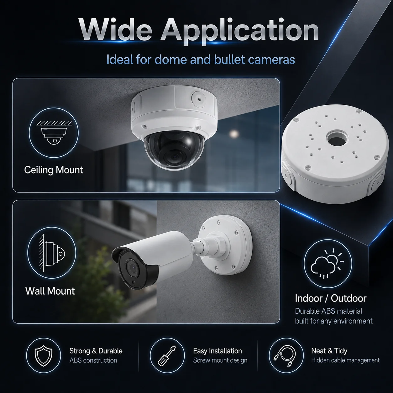 Dome Camera Ceiling Mount Base Round ABS Junction Box Cable Hide Bracket for CCTV Security Camera Installation view 4