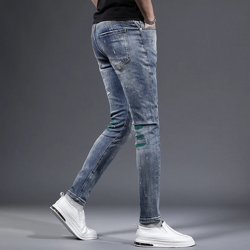 Striped Printed Ripped Men's Jeans 2023 Casual Slim Fit Blue Pants Streetwear Scratched Denim Trousers CP2187