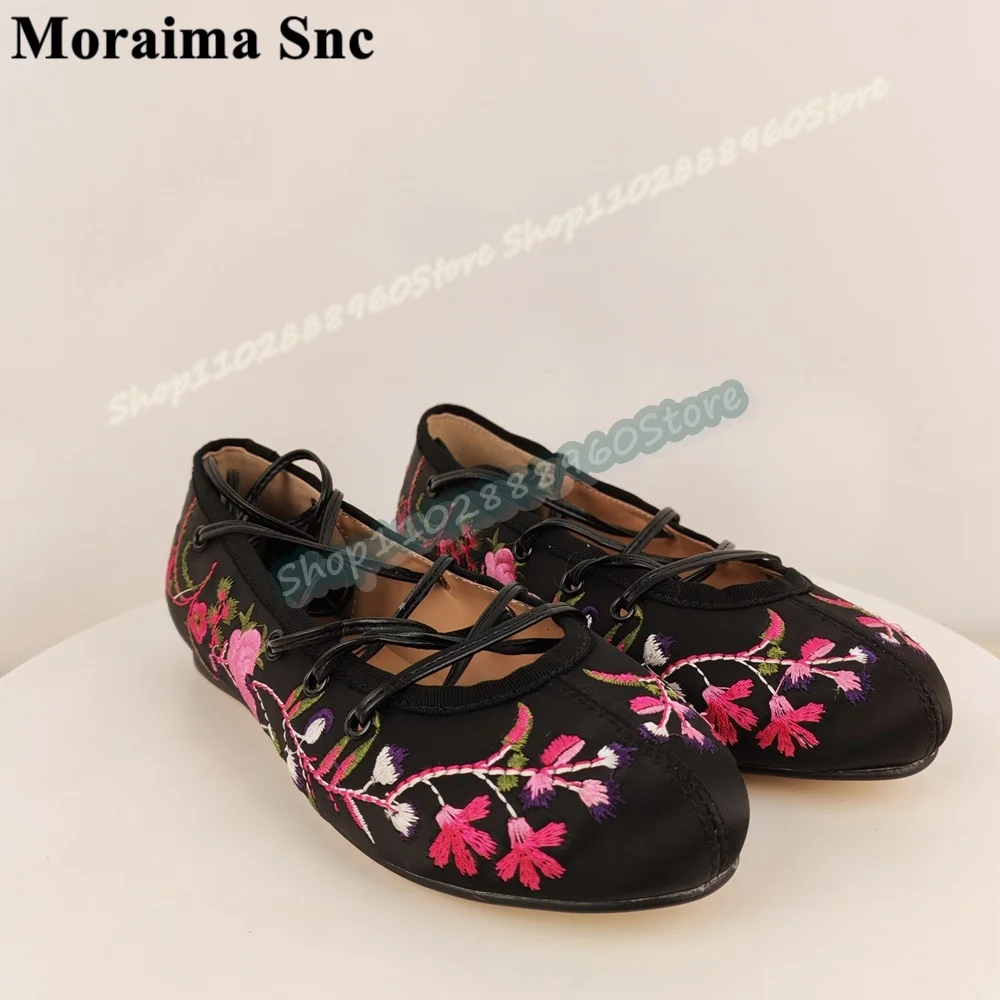 

Shallow Black Embroidery Ballet Satin Pumps Flats Shoes For Women Cross Tied Round Toe Catwalk Trending Banquet Women Pumps